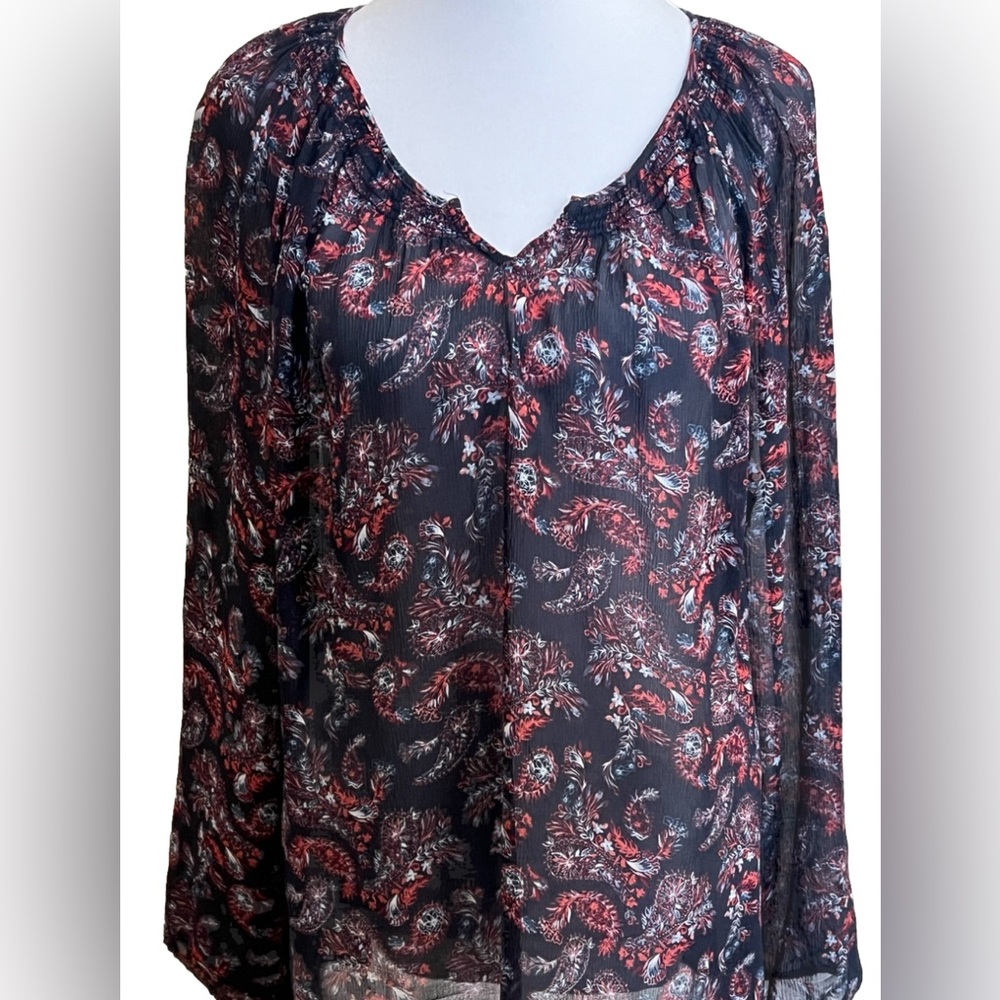 GARNET HILL Navy Blue + Coral + Red Paisley 100% Silk Blouse 3/4 Sleeves Medium